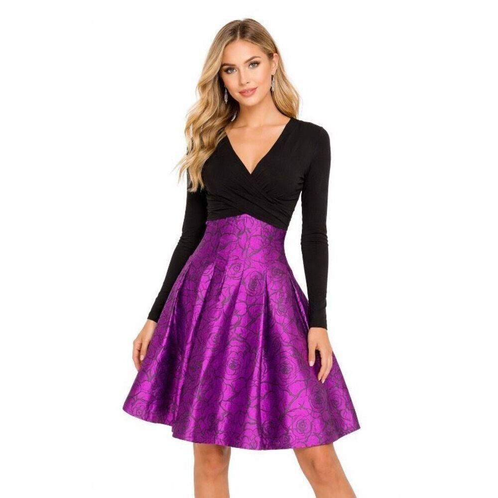 Marissa Baratelli 8 Fit Flare Dress Black Purple Metallic Floral Jacquard Skirt